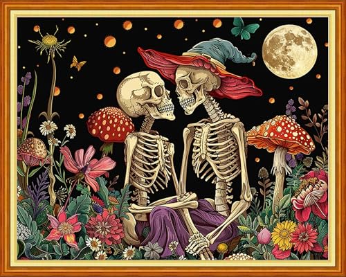 Artvxeay Stamped Cross Stitch Kits - Embroidery Kits for Beginners Cross Stitch Kits for Kids Adults 11 CT? Printed Patterns Needlepoint Kits -Skeleton Couple Moon 16x20 inch