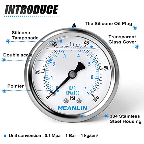 Image of MEANLIN MEASURE 0~100Psi Stainless Steel 1 /4 inch NPT 2.5 inch FACE DIAL Liquid Filled Pressure Gauge WOG Water Oil Gas Center Back Mount