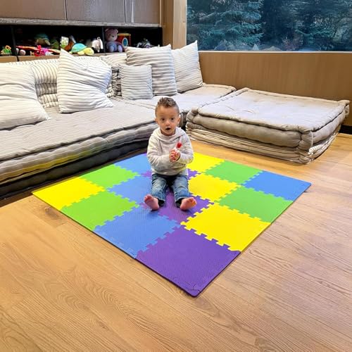 Image of MioTetto Foam Floor Tiles for Kids - Non-Toxic Comfortable Baby Play Mat and Interlocking Foam Tiles, Fits with 50x50 Playpen Mat for Crawling & Development, Soft Play Mat for Babies 6-12 Months