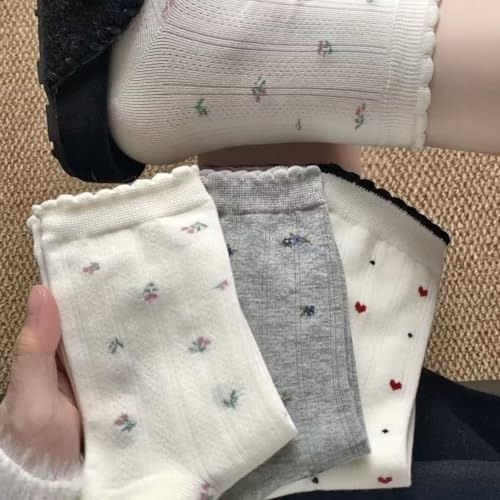 Image of 5 Pairs White Cute Socks, Women's Lace Ruffles Ankle Casual Sock, Cottagecore Breathable Socks, Floral Crew Socks