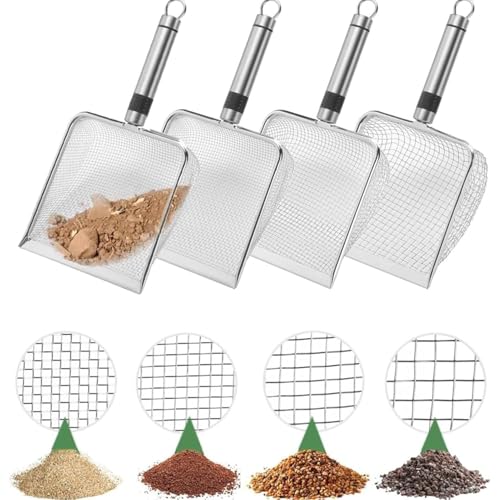 Colino da giardino in 4 pezzi – Colino da giardino in acciaio inox con manico, efficiente filtraggio della sabbia | Colino portatile con maglie da 2/2,8/3,8/5 mm e manico comodo per smistare compost