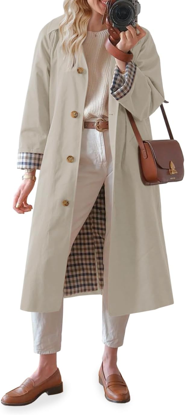 Tankaneo Womens Long Trench Coat Single Breasted Oversized Windproof Overcoat Fashion Outerwear
