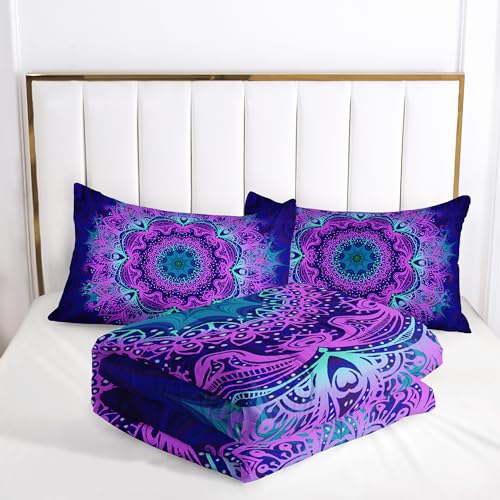 Image of AILONEN Bohemian Mandala Pattern Comforter Set Queen Size, Vintage Pattern Bedding Set for Kids Girls Boys,Purple Bed in a Bag,3 Pieces, 1 Quilt and 2 Pillowcases