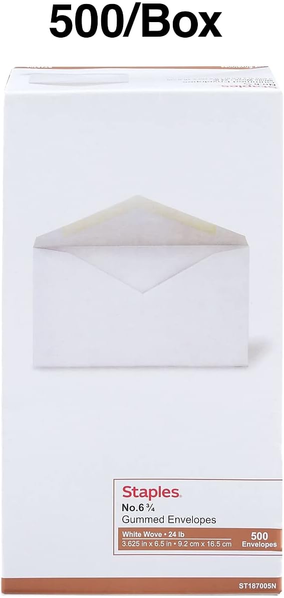 Staples #6 White Standard Business Envelopes, V‑Flap Gummed Closure, Letter‑Size Mailing Envelopes, 500/Pack