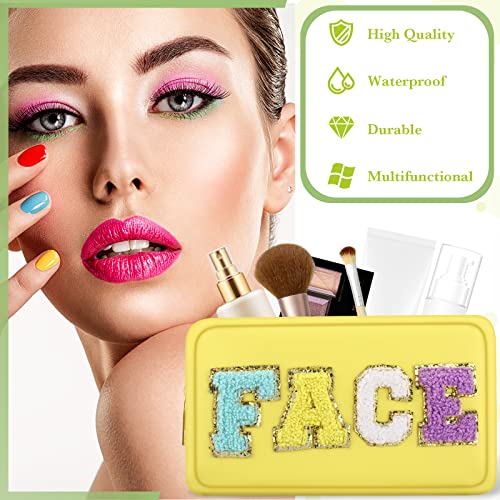 Sanwuta 4 Pcs Chenille Bag Preppy Patch Makeup Bag Cosmetic Bag Chenille Letters Toiletry Bag Pu Leather Waterproof Portable Pouch Travel Organizer (Yellow, Blue, Green, Rosy, Fresh Style) #TOP3