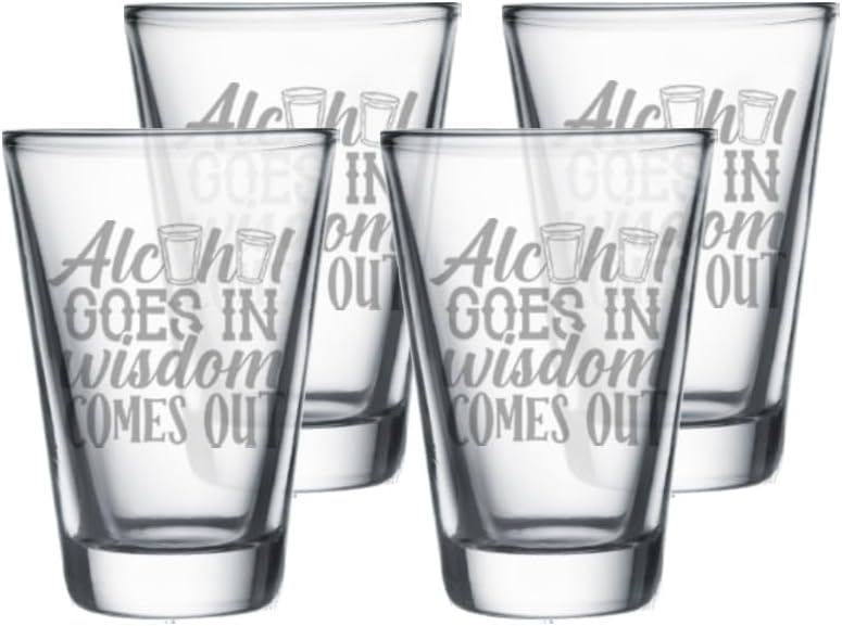 Funny Drink Quotes - 1.75oz Shot Glass, Custom Laser Etched Engraving Groomsman and Bridesmaid Wedding Favor Gift (Alcohol Goes In Wisdom Comes Out (Set of 4))