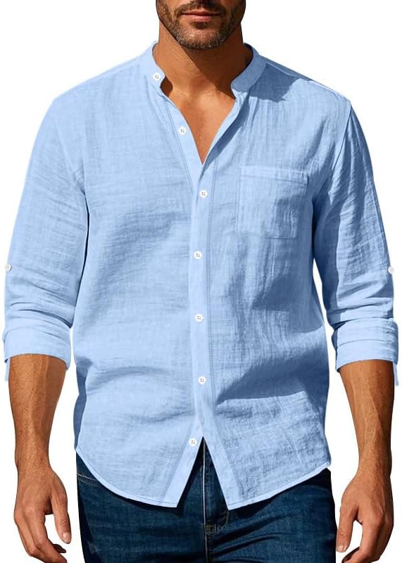 Men's Linen Blend Shirt - Long Sleeve Solid Color Button Down Henley Casual Shirt for Vacation Business