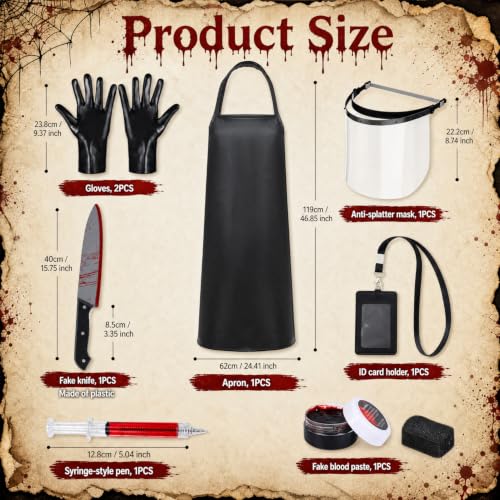 cosmisun 7Pcs Halloween Butcher Costume Men Scary Cosplay Party Accessories | Waterproof Apron, Face Shield, Black Gloves, Fake Knife, Fake Syringe Pen, ID Badge Holder, Horror Costumes Dress Up Outfit - image 2