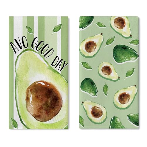 Uruney AVO Good Day Avocado Kitchen Dish Towels Set of 2, Green Fruit Drying Hand Towels Baking Cooking Cloth, Spring Summer Home Kitchen Decoration 18 x 26 Inch