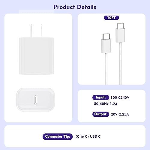 Miniatura 6 de Paquete de 3 Cargador largo de 10 pies para iPhone 17 16e 15, bloque de cargador de pared de carga rápida de 20W, cable trenzado tejido USB C a C de