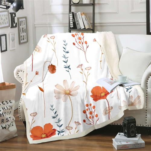 Homewish Couverture Fleurie 130x150cm, Plaid Canape Fleur Beige Rétro Orange Bleu Marine pour Fille Femme, Couverture Polaire Floral Moderne Minimaliste, Jetés de Lit Esthétique