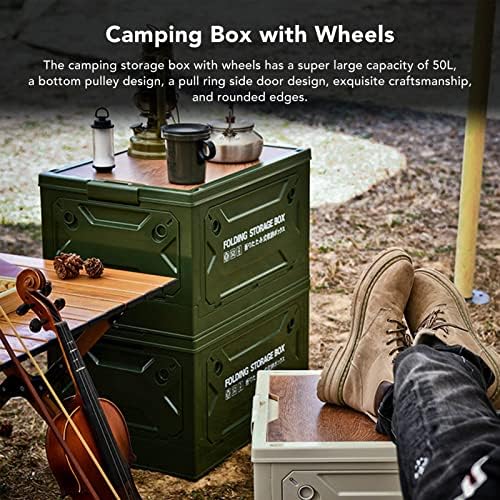 Zunate Folding Storage Camping Box with Wood Lid, 50L Storage Bin, Collapsible Closet Organizers and Storage Container, Trunk Organizer for Outdoor Picnic, Camping, Car, Celadon Green (OD Green)