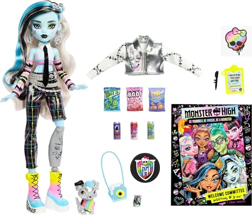Image of Monster High Frankie Stein Doll, Welcome Committee Set with 15 Accessories Including Poster, Sticker, Pet Watzit and More
