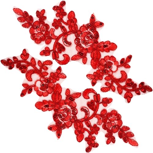 PAGOW 2pcs Embroidery Sequin Lace Applique Red Lace Floral Embroidered Applique Patches Sewing on Wedding Appliques Embellishments Trim Patches for Bridal Dress Clothes Crafts Decoration