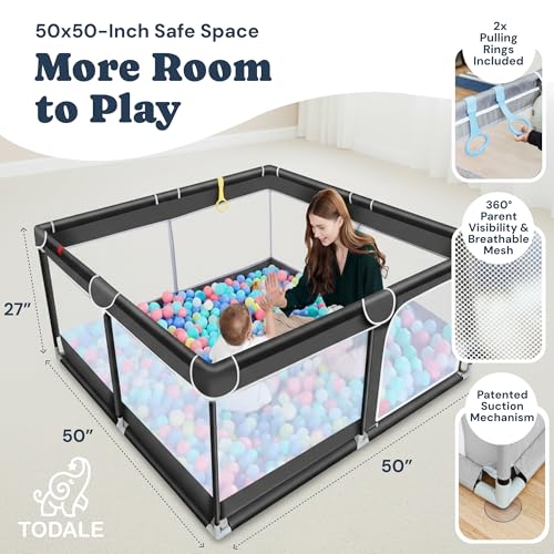 Image of TODALE Baby Play Pen - 50x50x27 in, Black - Foldable & Portable | Portable foldable playpen - anti-slip base - breathable mesh - Use for babies & toddlers, home & travel