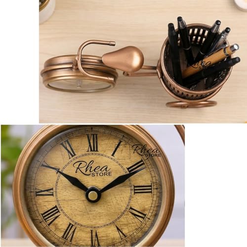 Image of Golden Cycle Pen Stand with Clock for Table Decoratoin, Elegant Desk Organizer, Bicycle Design, Handcrafted Metal Pen Holder with a Luxurious Gold Finish