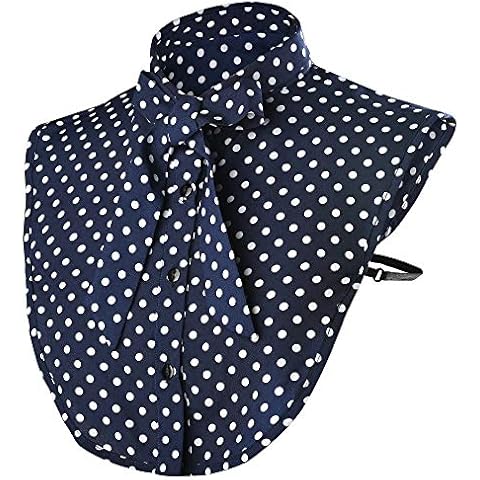 Wearlizer Collar with Ribbon Vintage Elegant Women's Fake Half Shirt Detachable Blouse with V-Neck Design in Chiffon Polyester Ribbon - Dark Blue White Dot Cover