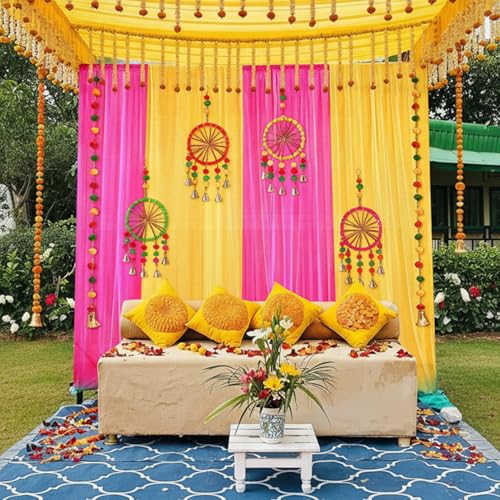 Image of Party Propz Pink and Yellow Backdrop Decoration Set - 17Pcs Haldi Decoration Items for Home Decor, Haldi Decorations Backdrop Set, Background for Pooja Decorations, Wedding Decor (Satin)