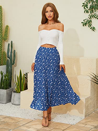 NASHALYLY Women's Chiffon Elastic High Waist Pleated A-Line Flared Maxi Skirts(Flower-187,S)