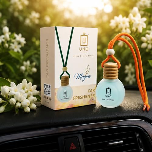 Image of UNO AROMA Mogra Car Air Freshener, 15ml, Long Lasting Hanging car perfume, Toxin-Free Oil in Glass Bottle with Wooden Diffuser, Car Accessories for fresh aroma, Last Upto-60 Days