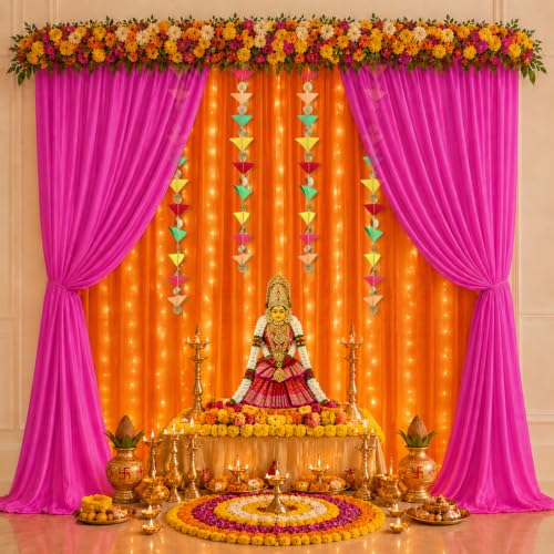 Image of Party Propz Pink Orange Ganpati Decoration Setup for Home - 12Pcs Ganpati Backdrop Decoration with Hanging & Lights, Varamahalakshmi Decorative Items, Janmashtami, Pooja Backdrop Cloth, Haldi Decor