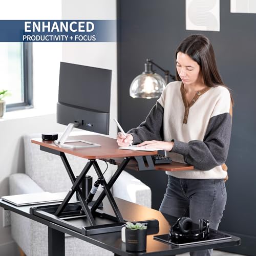 Image of VIVO 26 inch Desk Converter, K Series, Height Adjustable Sit to Stand Riser, Dual Monitor and Laptop Workstation with Keyboard Tray, Dark Walnut Top, Black Frame, DESK-V026KA
