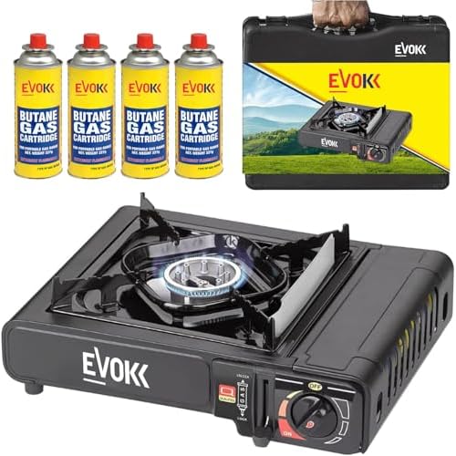 EVOKK Portable Gas Camping Stove with 4 Butane Canisters & Stove Case – Premium Camping Portable Gas Stove with Automatic Ignition and Heat Control – Gas Cooker and Camp Stove for Outdoor Cooking