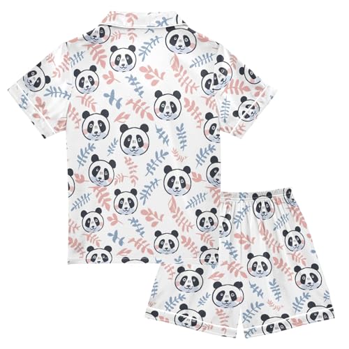Panda with Colored Leaf Summer Satin Pajama Set, Cute Button-Down Sleepwear Pj Set for Sleep Wears2