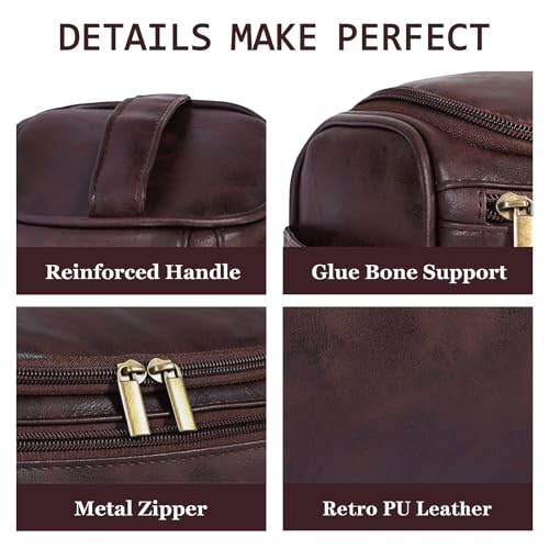 Toiletry Bag for Men, Hanging Travel Shaving Dopp Kit for Men and Women, Water-resistant Toiletries Organizer Bags, PU Leather Cosmetic Bags for Makeup Accessories (Dark Coffee)3