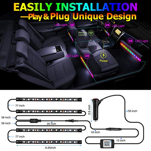 SUZCO Interior Car Lights, 4pcs 48 LED Lights for Car with Bluetooth & App Control, DC 12V 2-in-1 Multicolor Music Car Lighting Kit with Car Charger - Thumbnail 4