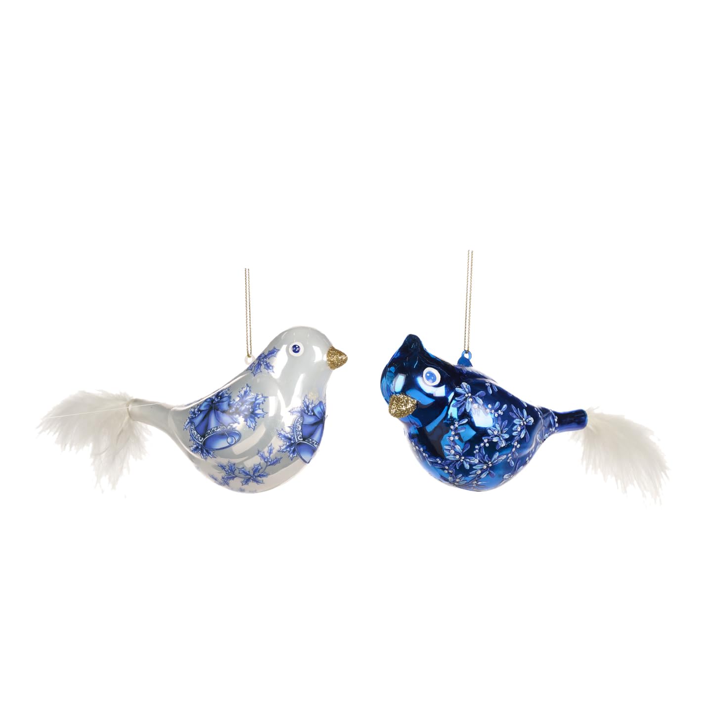 Goodwill Juego de 2 adornos de Navidad colgantes de cristal azul y blanco con cola de plumas de 12 cm