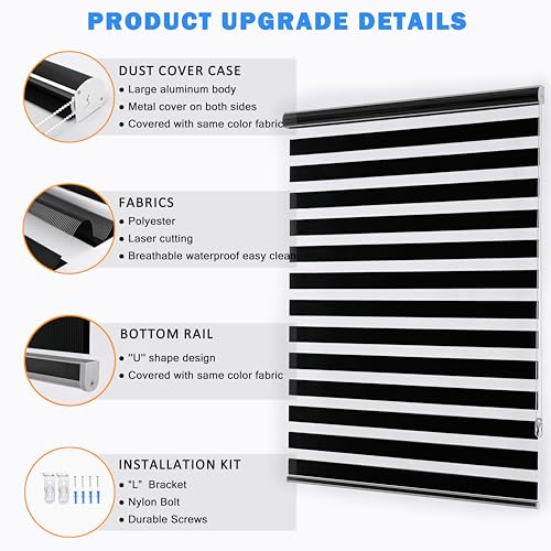 Image of Blackout Zebra Blinds, Dual Layer Free-Stop, Room Darkening Zebra Shades, Blinds for Indoor Windows, Light Filtering Privacy Sheer Shade for Home(62 inch W X 72 inch H, Black)