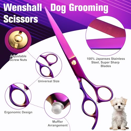 Wenshall 7,0 Zoll Hundepflege Schere Set Hund gerade Schere & Ausdünnungsschere & Gebogene & chunker & Comb 5Stk Set