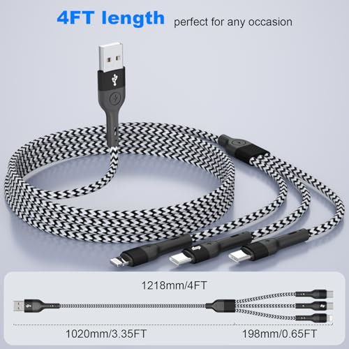 Image of Multi Charging Cable, 3 in 1 Charging Cable for Multiple Devices, Nylon Braided Universal Charger for Travel, USB Cable Multiple Phone Charger with Type C Lightning for iPhone17 /16 /15 /14 /13(2Pack 4FT)