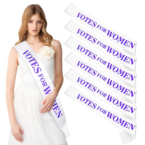 Quilax 6Pcs Votes for Women Sash, Satin Sash for Women Rights, Victorian Suffragette Costume for Adult Suffragette Protest Costume Accessories(White+Purple)