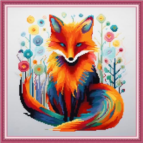 Image of Joyhoor Cross Stitch Kits for Beginners Stamped Cross-Stitch Supplies Needlework preprint Embroidery Kits for Adults DIY Needlepoint Kits Embroidery Patterns 11CT-Colorful Fox 18.x18 inch