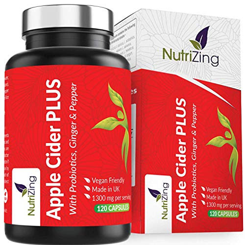 Apple Cider Vinegar Capsules - Contains Probiotics, Prebiotics, Curcumin, Ginger & Cayenne Pepper - 1300mg Per Serving - Vegan Capsules - Made in UK by NutriZing