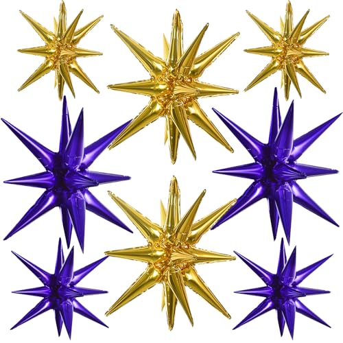 Image of TONIFUL 8 Pcs Explosion Star Balloons Purple Gold Foil Balloon Party Decor | 22 Inch Large Mylar Star Balloon for Adult's Birthday New Year Winter Holiday Mardi Gras Basketball Themed Party Supplies