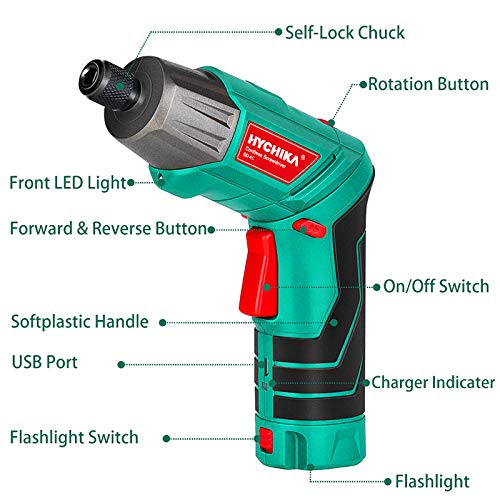 Cordless Screwdriver 6 N.m, HYCHIKA 3.6V 2.0Ah Electric Screwdriver Rechargeable Screw Gun, Front LED and Rear Flashlight, Ratchet Wrench, DC Charging with USB Cable, 36pcs Accessories, Carrying Box