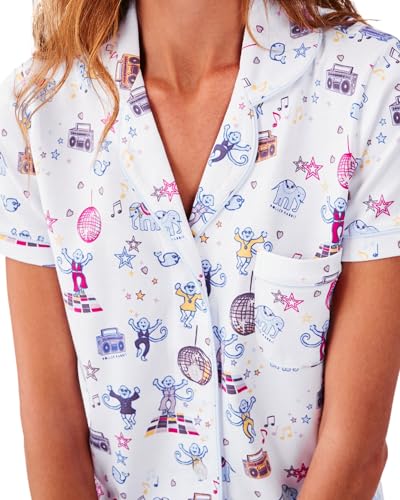 Image of Womens Y2k Preppy Pajamas Set, 2 Piece Button Down Monkey Beach Shorts Set Holiday Vacation Loungewear Pjs for Jammies Back to School Party Birthday Gifts(Dance Monkey, XX-Small)