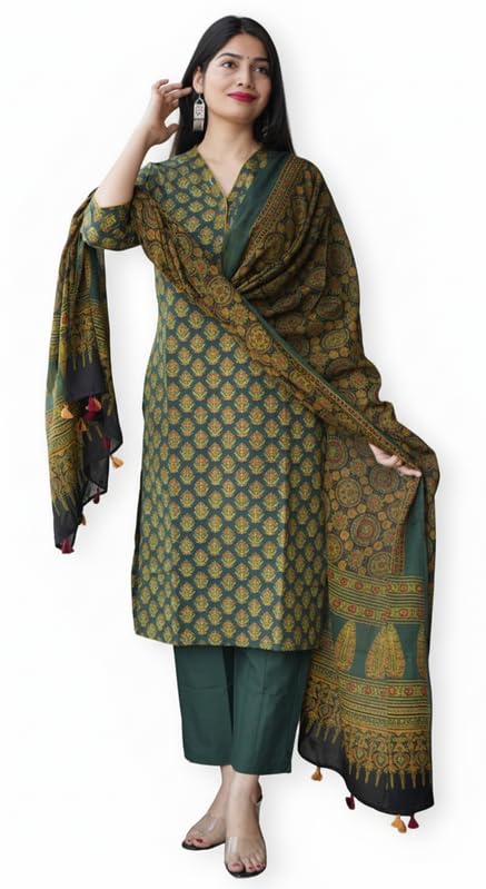 Kurti indien femme, ensemble coton avec kurta pantalon et dupatta