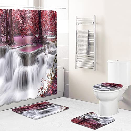 Duschvorhang Purple White Wasserfall Badezimmerteppich 4-Teiliges Set, Duschvorhang 180x180 Polyester+Badematte rutschfeste(50x80)+U-Typ Teppich Wasseraufnahme Schmutzfangmatte+Toile Fußmatte