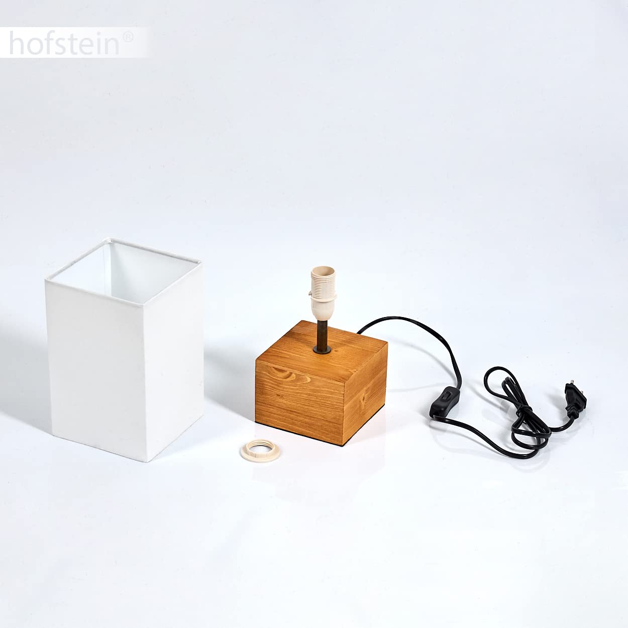 Lampada da tavolo Ginevra, lampada da comodino in legno/tessuto in bianco/natura, 1 luce, design scandinavo, 1 x E27, lunghezza 12,5 cm, lampada con interruttore on/off sul cavo, senza lampadina/e