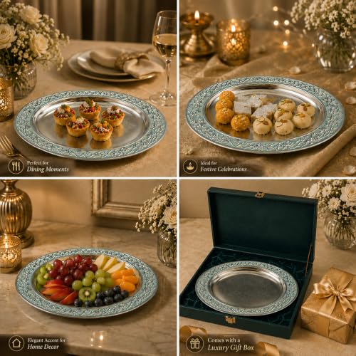 Image of Diviniti Luxury Oval Decorative Tray | Premium Silver Finish Metal Oval Platter with Turquoise Embossed Border | Luxury Home Decor Display Tray for Coffee Table, Dining Table, Console & Gifting (Blue)