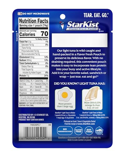 Image of StarKist Wild Caught Light Tuna in Water, 2.6oz Pouch, 12-Pack | 17g Protein Per Serving, Ready to Eat, Shelf Stable Seafood, Gluten Free, Soy Free, No Draining for Salads and Sandwiches
