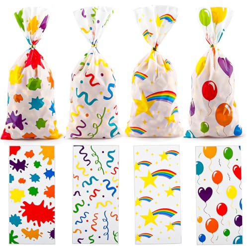 Zi Lan 50 bolsas de celofán de colores para golosinas con motivos de arcoíris, globos de pintura, bolsas de regalo para fiestas, bolsas para dulces, para decoraciones de fiestas de cumpleaños