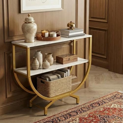 Image of Modern Console Table for Entryway, White Marble Finish Top with Gold Metal Frame | Narrow Console Table with Storage Shelf | Wooden MDF Console Tables for Living Room, Bedroom & Home Decor | DIY