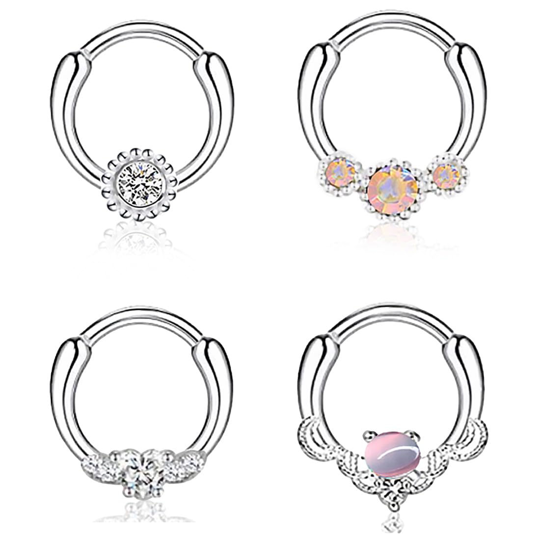 KSJEHW 4 piezas Piercing Nariz Acero Quirurgico Septum Piercing Oreja Cartílago Pendientes de Aro Mujeres CZ Opalo Piercing Nariz Aro Plata Labio Concha Daith Helix Tragus Piercing Joyería（Acero）