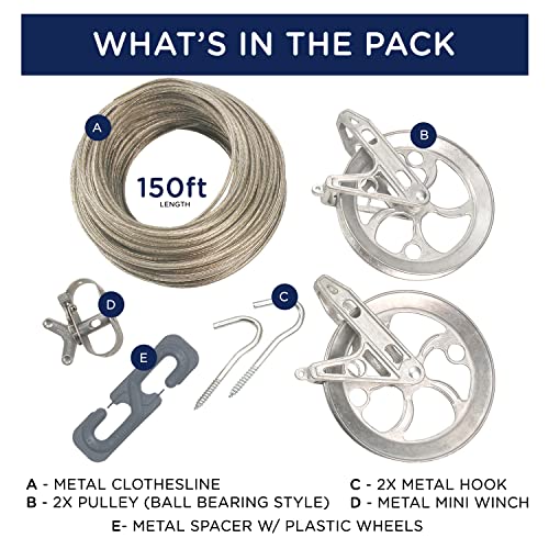 Strata Clothesline Outdoor Heavy Duty Kit - 150 Feet Galvanized Wire Gold Pvc Coating, 6.5" Clothesline Pulley 2Pcs, Metal Mini Winch Tightener 1Pc, Plastic Spreader / Spacer 1Pc & 2 Metal Hooks #TOP1