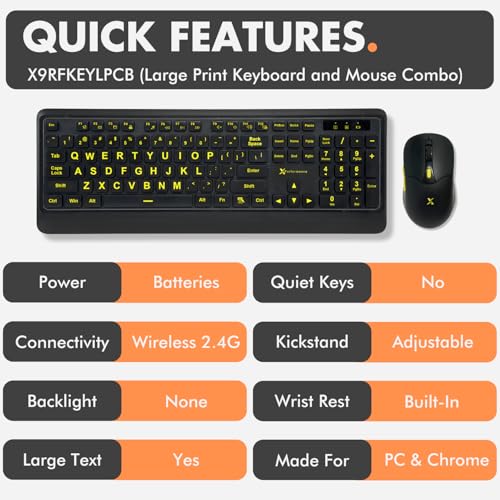 X9 Performance Large Print Wireless Keyboard and Mouse Combo - 4X Larger Oversize Yellow Letters for Seniors and Low Vision Users - 2.4Ghz Wireless Mouse and Keyboard Combo for PC